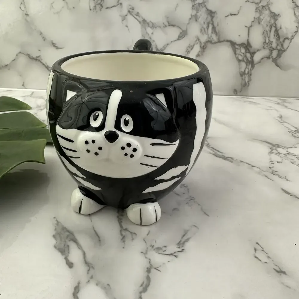 Pier 1 Vintage Y2k Chubby Cat Coffee Mug Black White 3d Kitten Striped Cup